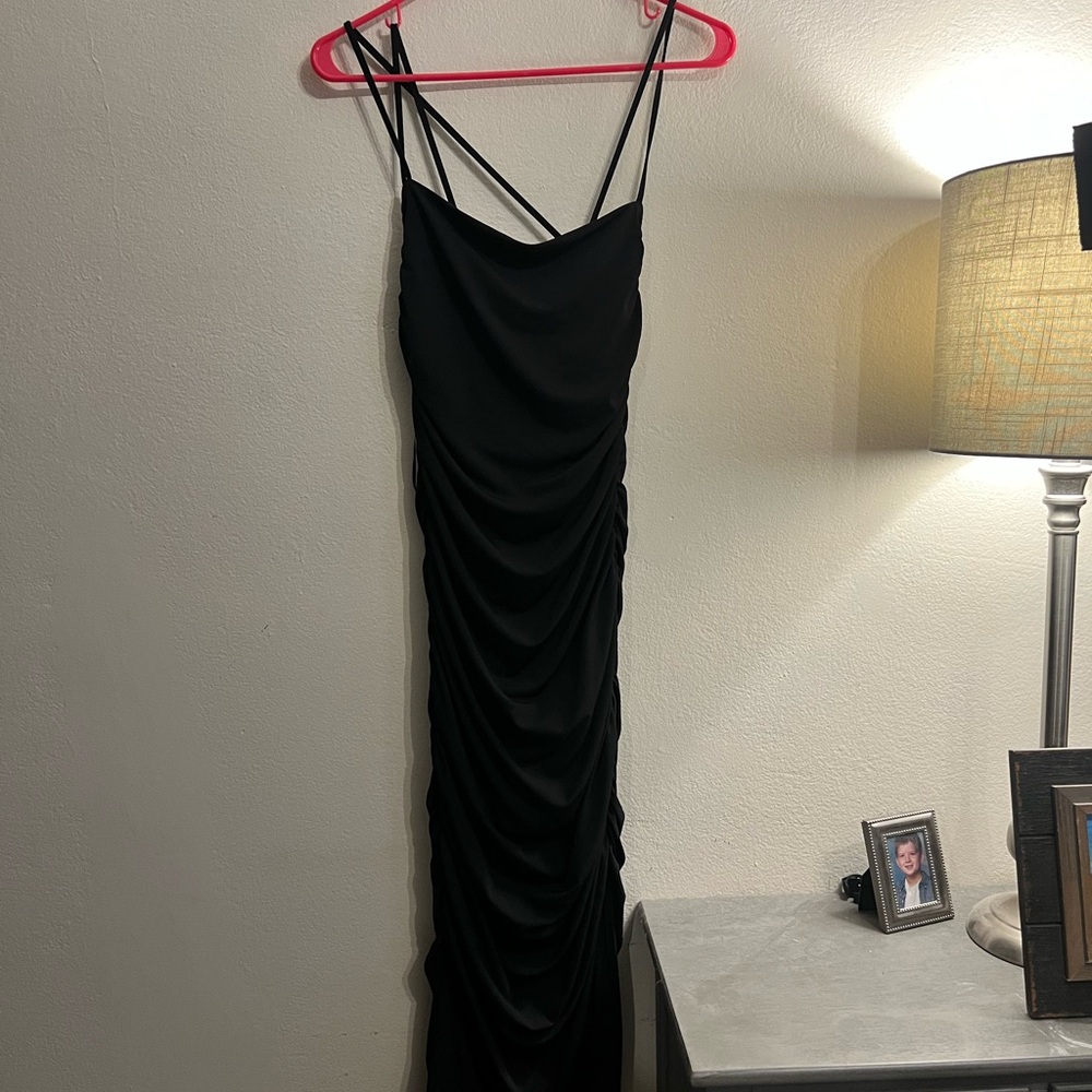 Abercrombie & Fitch Black Ruched Asymmetrical Slip Dress